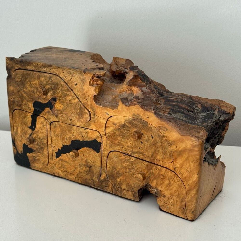 VTG Handcrafted Natural Burl Wood Jewelry Box Multi-Drawer Rustic Artisan Box